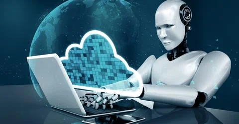 MLP AI robot huminoid uses cloud computing technology to store data on online Stock Illustration