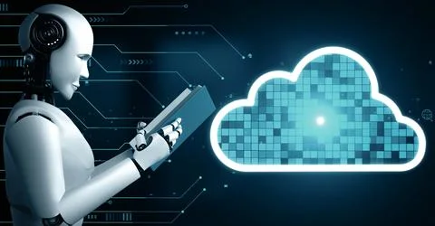 MLP AI robot huminoid uses cloud computing technology to store data on online Stock Illustration