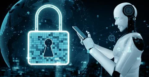 MLP AI robot huminoid uses cloud computing technology to store data on online Stock Illustration