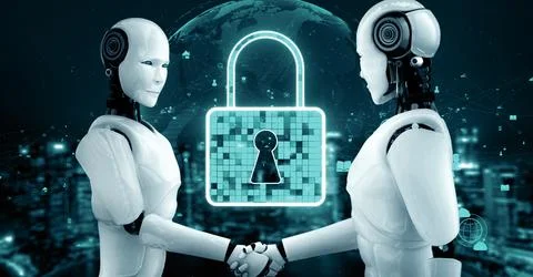 MLP AI robot huminoid uses cloud computing technology to store data on online Illustrazione stock