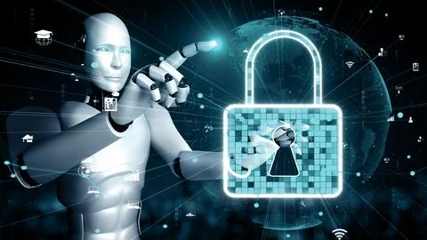 MLP AI robot huminoid uses cloud computing technology to store data on online Illustrazione stock