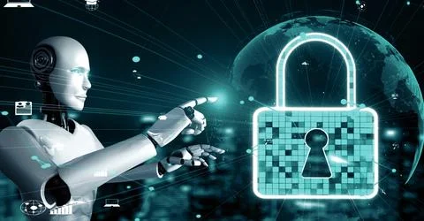 MLP AI robot huminoid uses cloud computing technology to store data on online Illustrazione stock