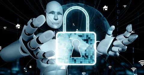 MLP AI robot huminoid uses cloud computing technology to store data on online Stock Illustration
