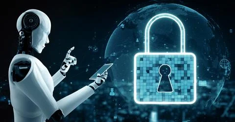 MLP AI robot huminoid uses cloud computing technology to store data on online Illustrazione stock