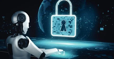 MLP AI robot huminoid uses cloud computing technology to store data on online Illustrazione stock