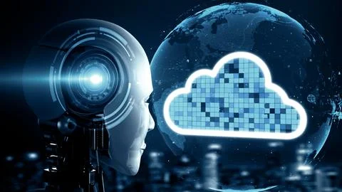 MLP AI robot huminoid uses cloud computing technology to store data on online Stock Illustration