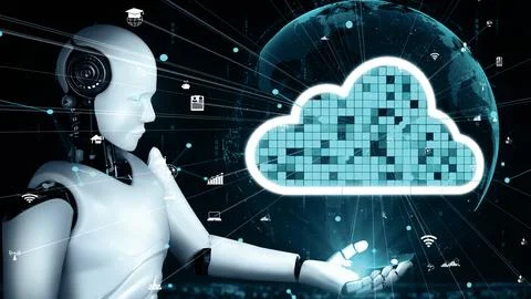 MLP AI robot huminoid uses cloud computing technology to store data on online Illustrazione stock