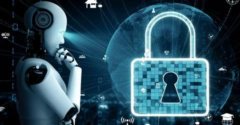 MLP AI robot huminoid uses cloud computing technology to store data on online Illustrazione stock