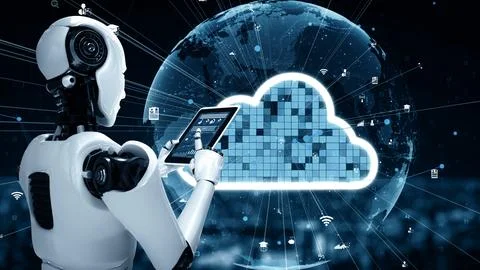 MLP AI robot huminoid uses cloud computing technology to store data on online Illustrazione stock