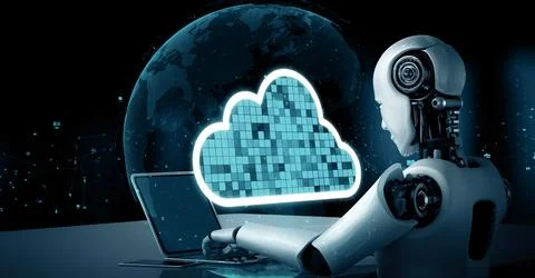 MLP AI robot huminoid uses cloud computing technology to store data on online Stock Illustration