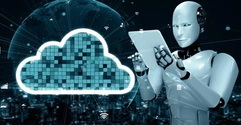 MLP AI robot huminoid uses cloud computing technology to store data on online Illustrazione stock