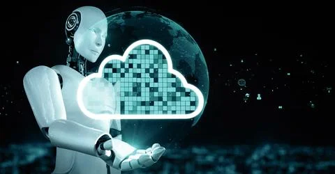 MLP AI robot huminoid uses cloud computing technology to store data on online Stock Illustration