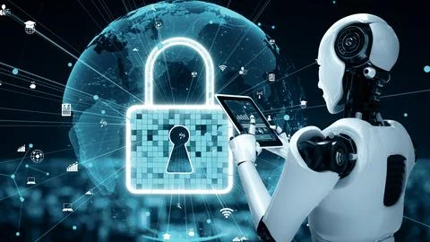 MLP AI robot huminoid uses cloud computing technology to store data on online Illustrazione stock