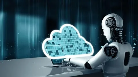 MLP AI robot huminoid uses cloud computing technology to store data on online Stock Illustration