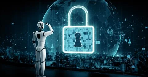 MLP AI robot huminoid uses cloud computing technology to store data on online Illustrazione stock