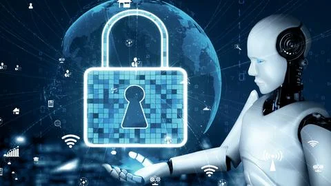 MLP AI robot huminoid uses cloud computing technology to store data on online Stock Illustration