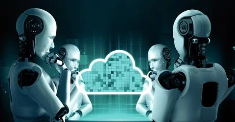 MLP AI robot huminoid uses cloud computing technology to store data on online Illustrazione stock