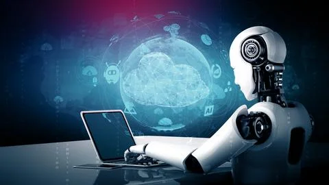 MLP AI robot using cloud computing technology to store data on online server Illustrazione stock