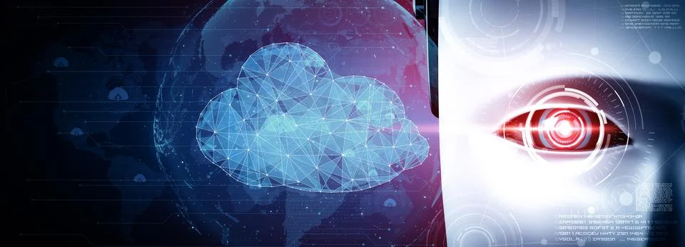 MLP AI robot using cloud computing technology to store data on online server Illustrazione stock