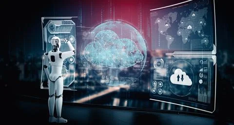 MLP AI robot using cloud computing technology to store data on online server Stock Illustration