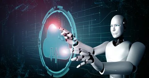 MLP AI robot using cloud computing technology to store data on online server Illustrazione stock