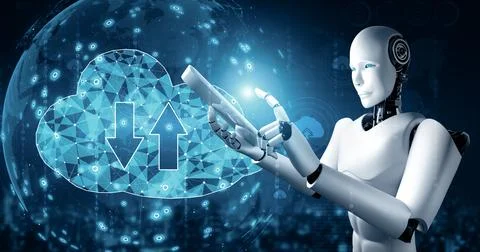 MLP AI robot using cloud computing technology to store data on online server Illustrazione stock