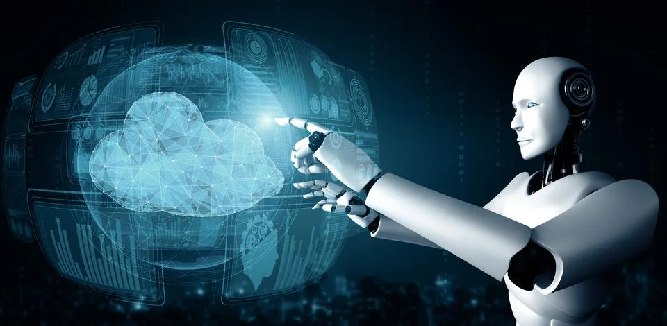 MLP AI robot using cloud computing technology to store data on online server Illustrazione stock