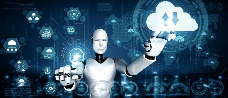 MLP AI robot using cloud computing technology to store data on online server Stock Illustration