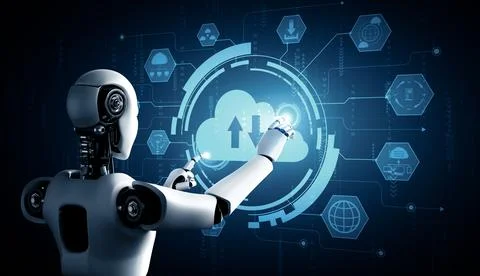 MLP AI robot using cloud computing technology to store data on online server Stock Illustration