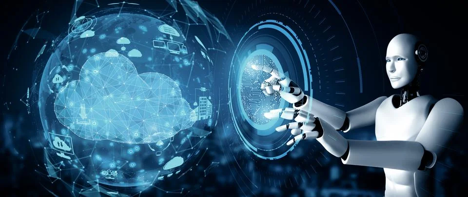 MLP AI robot using cloud computing technology to store data on online server Illustrazione stock