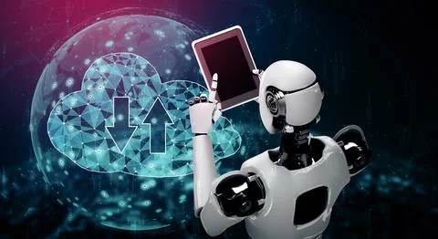 MLP AI robot using cloud computing technology to store data on online server Illustrazione stock