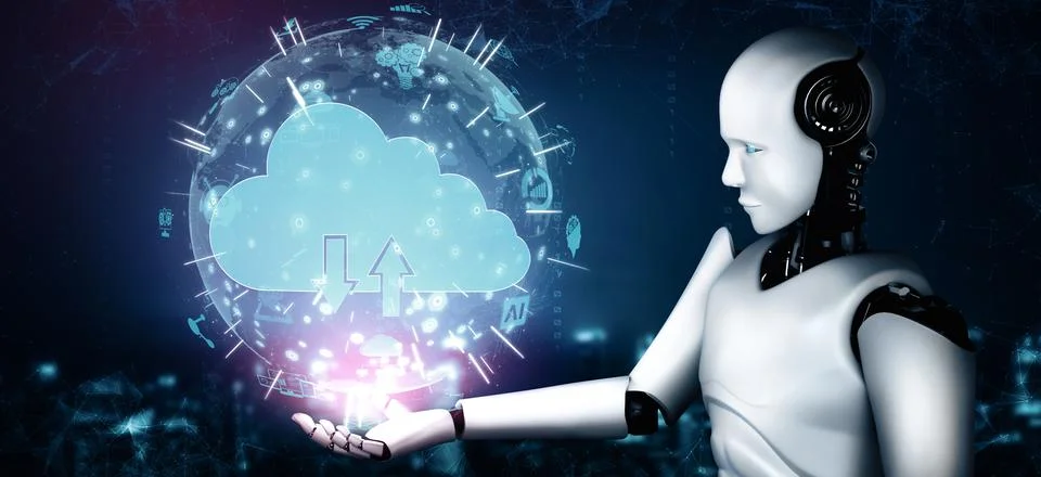 MLP AI robot using cloud computing technology to store data on online server Stock Illustration