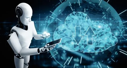 MLP AI robot using cloud computing technology to store data on online server Illustrazione stock