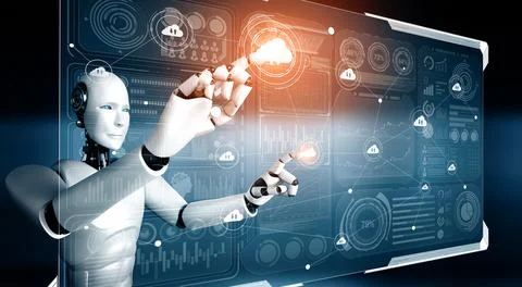 MLP AI robot using cloud computing technology to store data on online server Stock Illustration