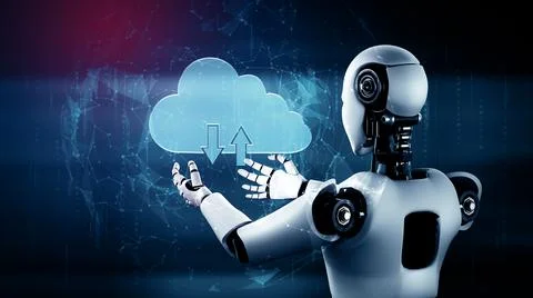 MLP AI robot using cloud computing technology to store data on online server Illustrazione stock