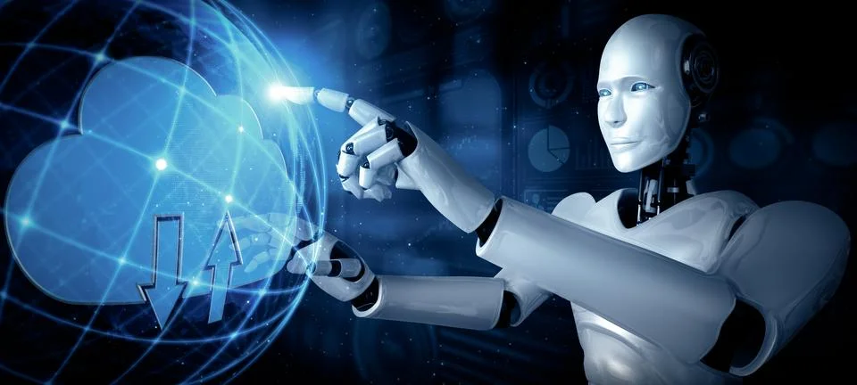 MLP AI robot using cloud computing technology to store data on online server Illustrazione stock