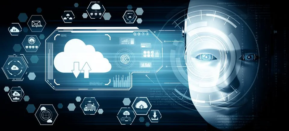 MLP AI robot using cloud computing technology to store data on online server Illustrazione stock