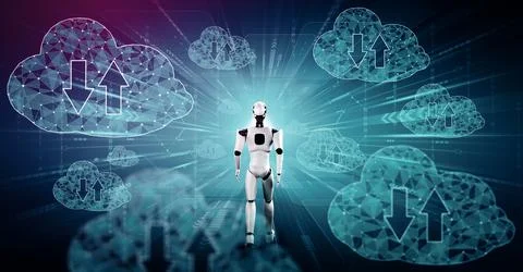 MLP AI robot using cloud computing technology to store data on online server Stock Illustration