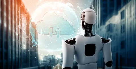 MLP AI robot using cloud computing technology to store data on online server Stock Illustration