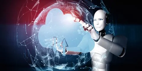 MLP AI robot using cloud computing technology to store data on online server Illustrazione stock