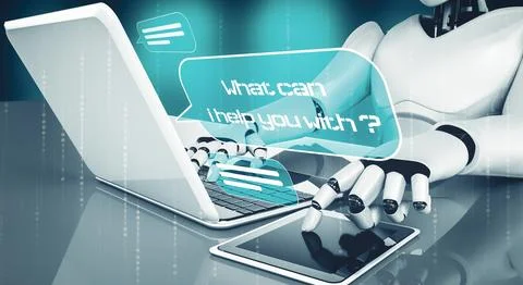 MLP AI robot using computer to chat with customer. Concept of chat bot 스톡 일러스트