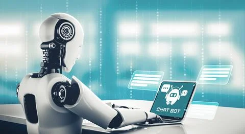 MLP AI robot using computer to chat with customer. Concept of chat bot Stock Illustration