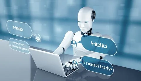 MLP AI robot using computer to chat with customer. Concept of chat bot イラスト素材