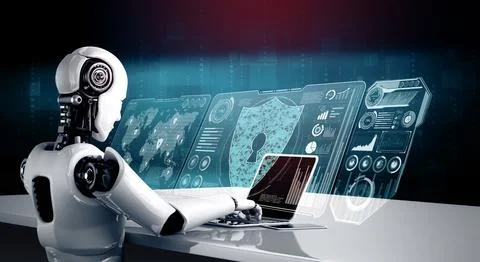 MLP AI robot using cyber security to protect information privacy Illustrazione stock