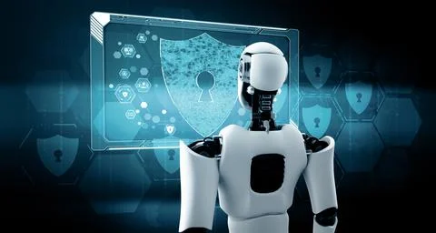 MLP AI robot using cyber security to protect information privacy Illustrazione stock