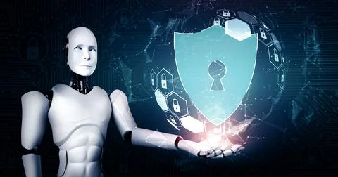 MLP AI robot using cyber security to protect information privacy Illustrazione stock