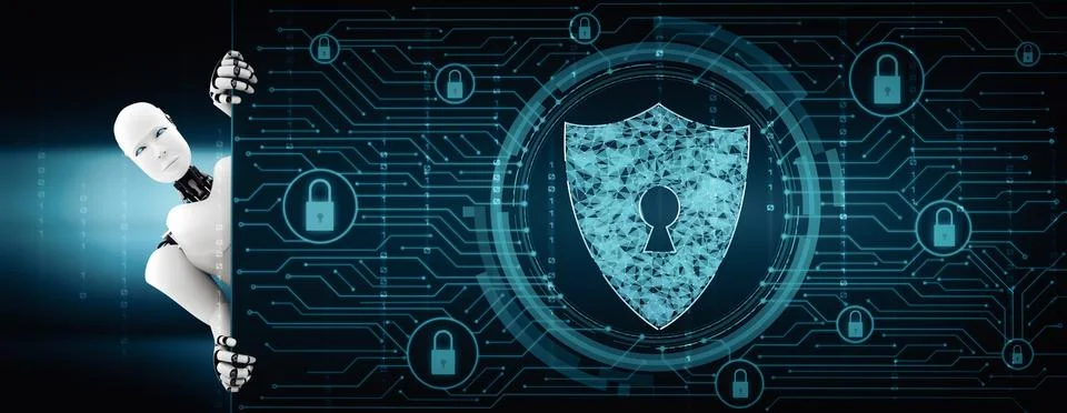 MLP AI robot using cyber security to protect information privacy Illustrazione stock