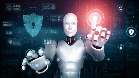 MLP AI robot using cyber security to protect information privacy Stock Illustration