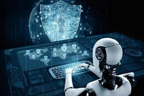 MLP AI robot using cyber security to protect information privacy Illustrazione stock