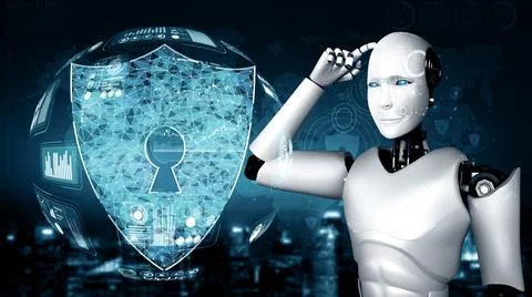 MLP AI robot using cyber security to protect information privacy Stockillustratie